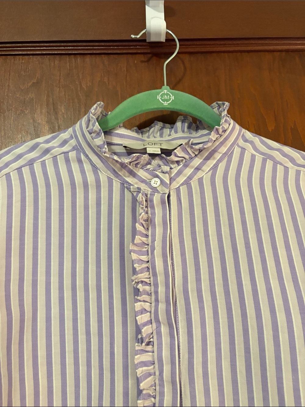 LOFT Lavender & White Striped Ruffle-Front Blouse - Picture 4 of 8
